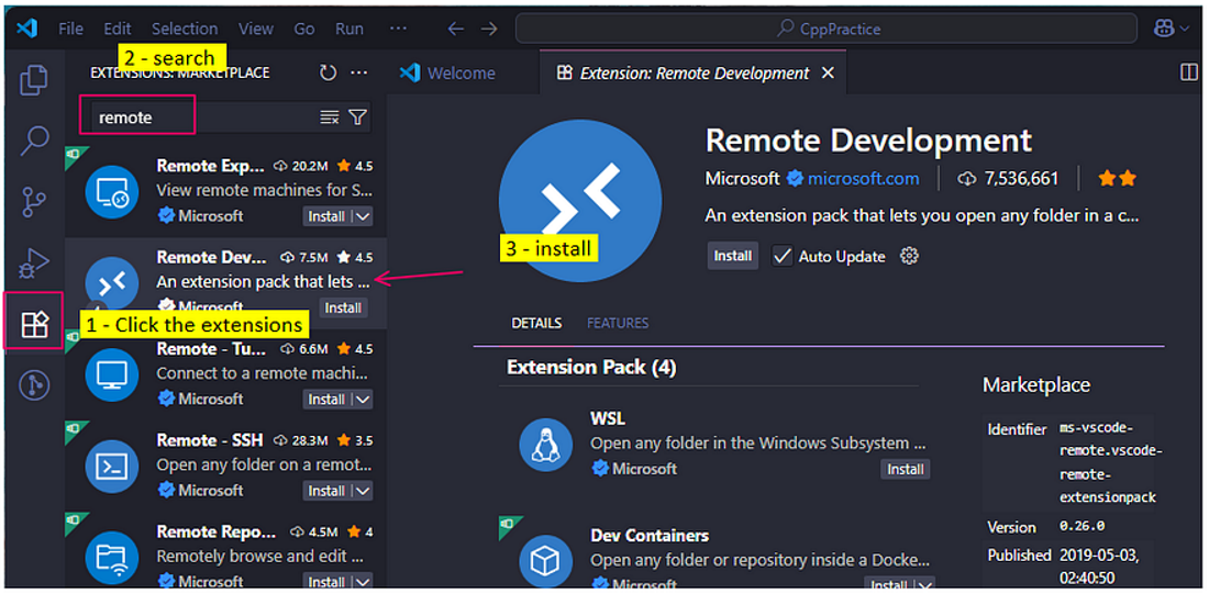 Remote Development extension pack steps